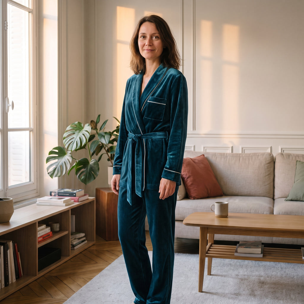 Pyjama en velours vert canard porté dans un salon