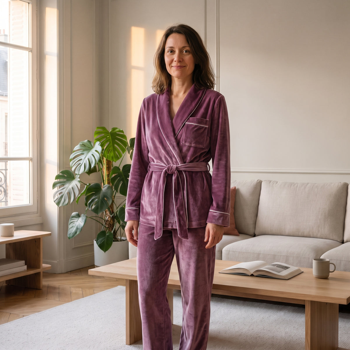 Pyjama en velours mauve porté dans un salon