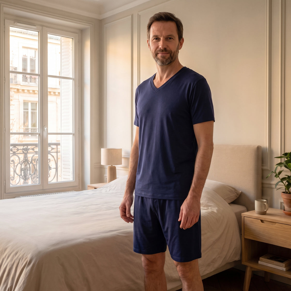 Homme en pyjama d'été en viscose bleu marine, t-shirt col V et short, debout dans la chambre