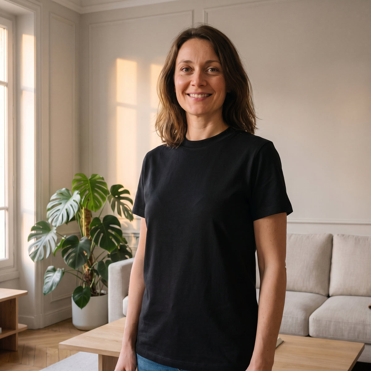 T-shirt cocooning noir porté par une femme dans un salon