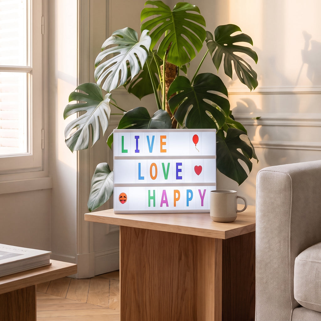 Boite lumineuse blanche avec lettres colorees, sur une table d appoint
