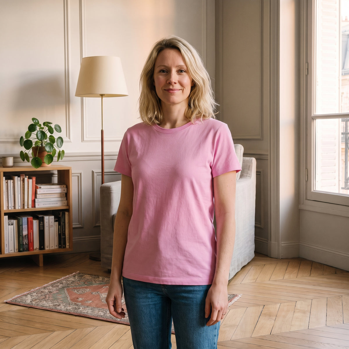 T-shirt cocooning rose clair porté dans un coin lecture