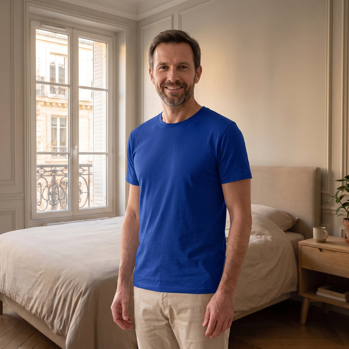 T-shirt cocooning bleu roi porté par un homme dans une chambre