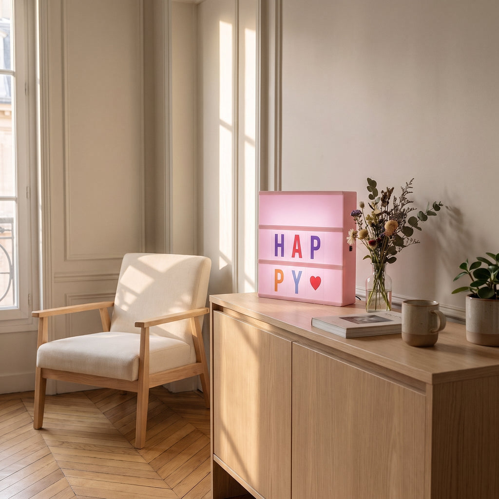 Boite lumineuse rose posee sur un buffet