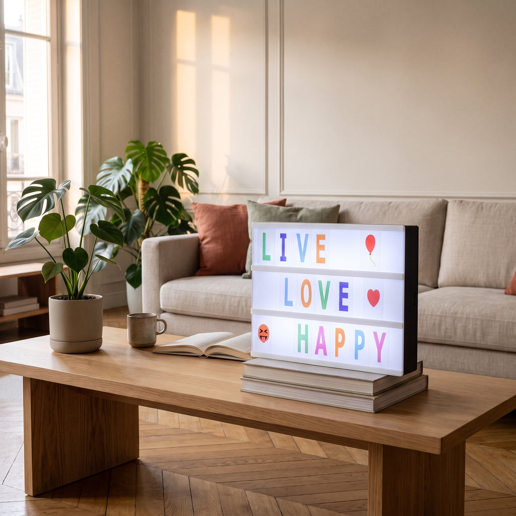 Boite lumineuse noire avec lettres colorees, sur une table basse