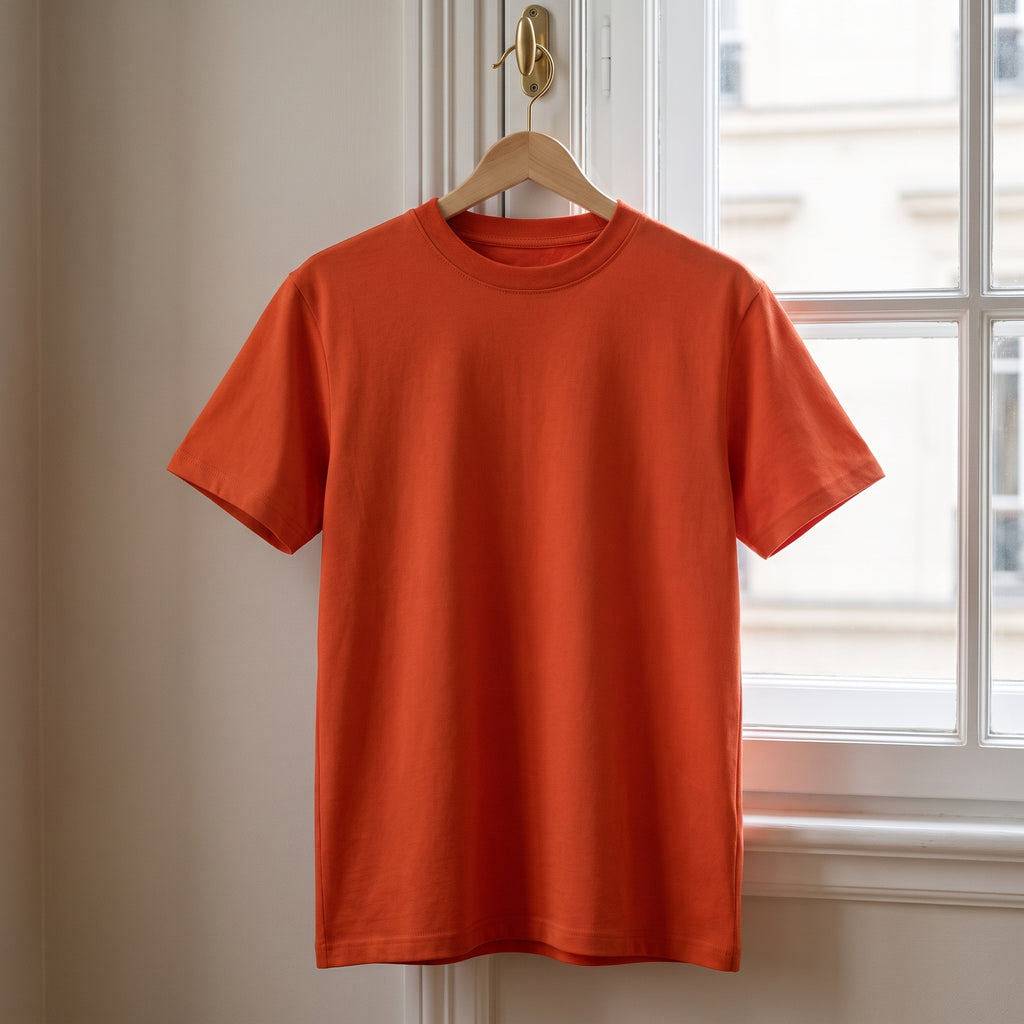 T-shirt cocooning orange suspendu à un cintre devant la fenêtre
