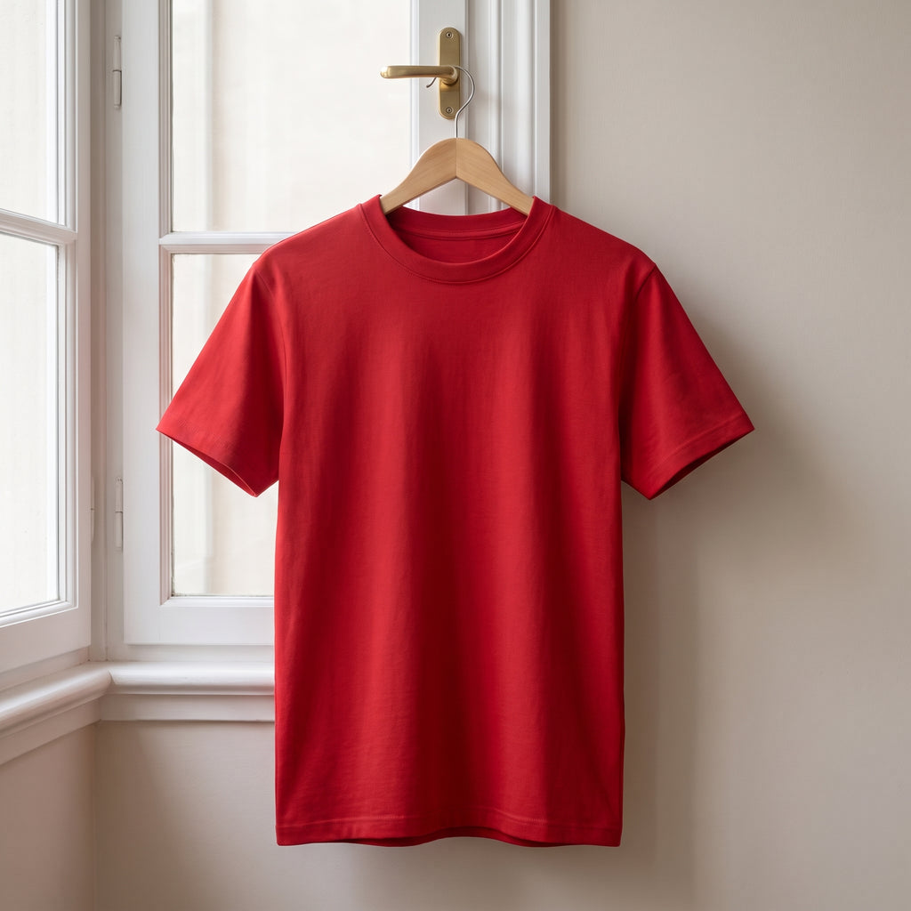 T-shirt cocooning rouge suspendu à un cintre devant la fenêtre