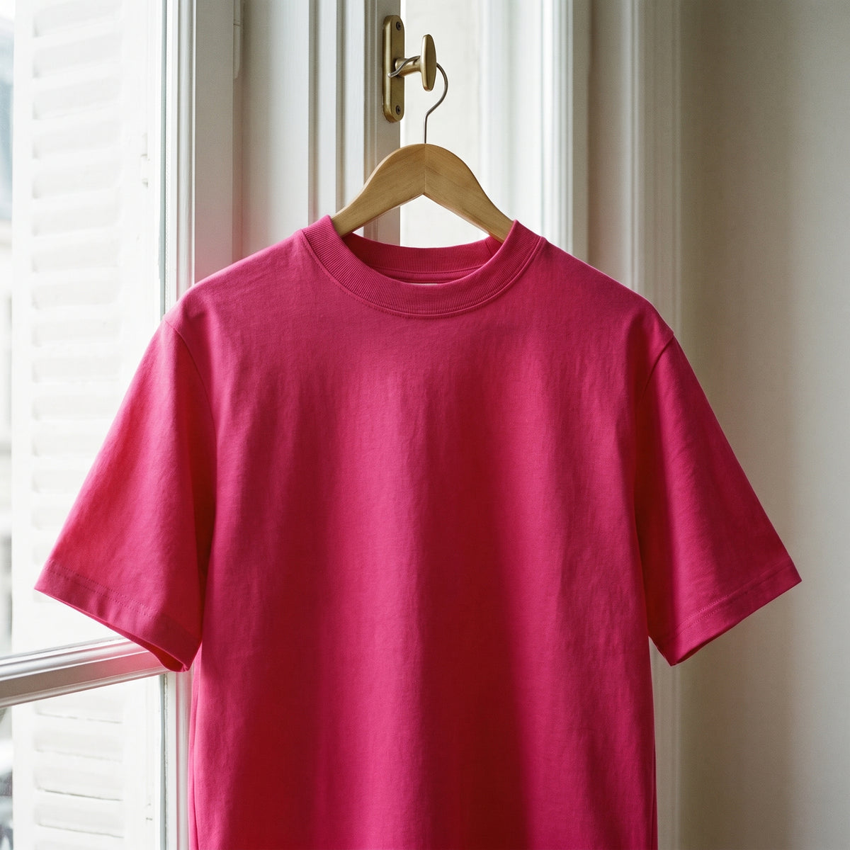 T-shirt cocooning rose foncé suspendu à un cintre devant la fenêtre