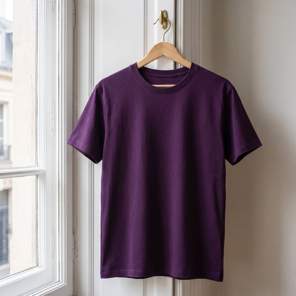 T-shirt cocooning violet suspendu à un cintre devant la fenêtre