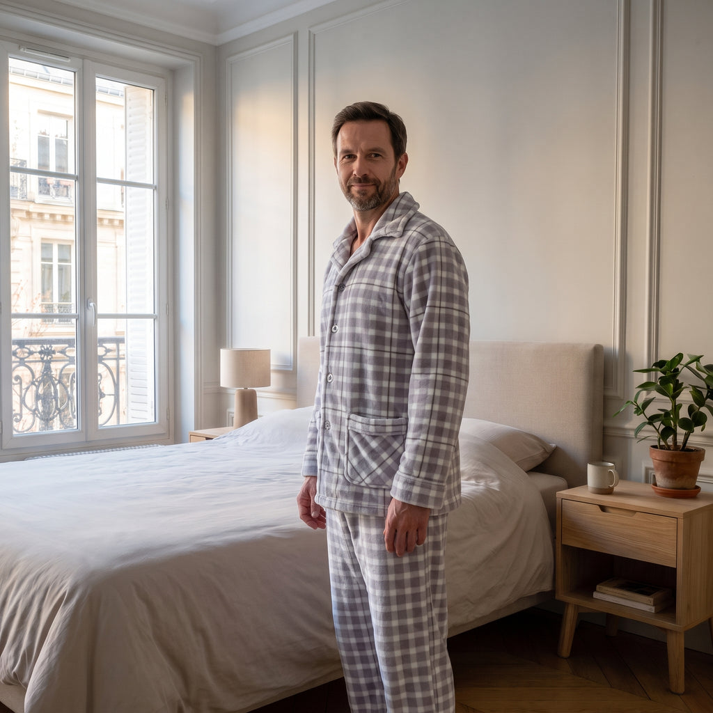 Homme portant le pyjama polaire à carreaux gris, debout au pied du lit de la chambre