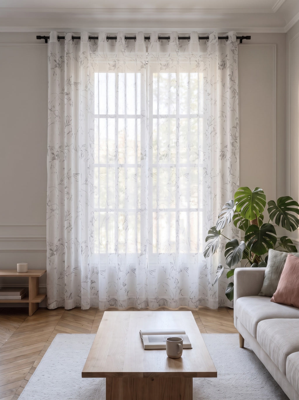 Voilage transparent blanc à motif feuillage, pans fermés devant la fenêtre d'un salon