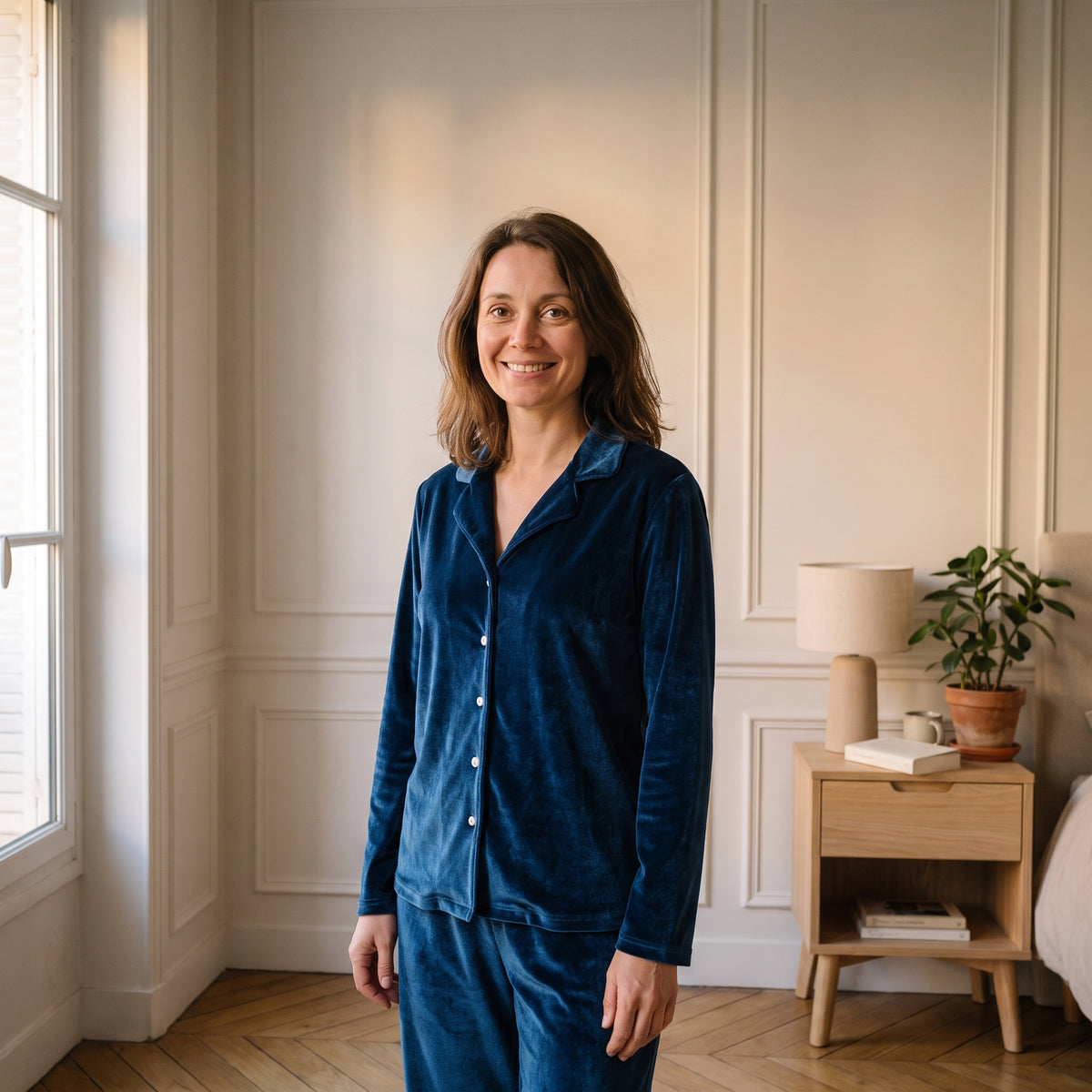 Pyjama en velours bleu nuit pour femme, chemise boutonnée et pantalon large, porté dans une chambre