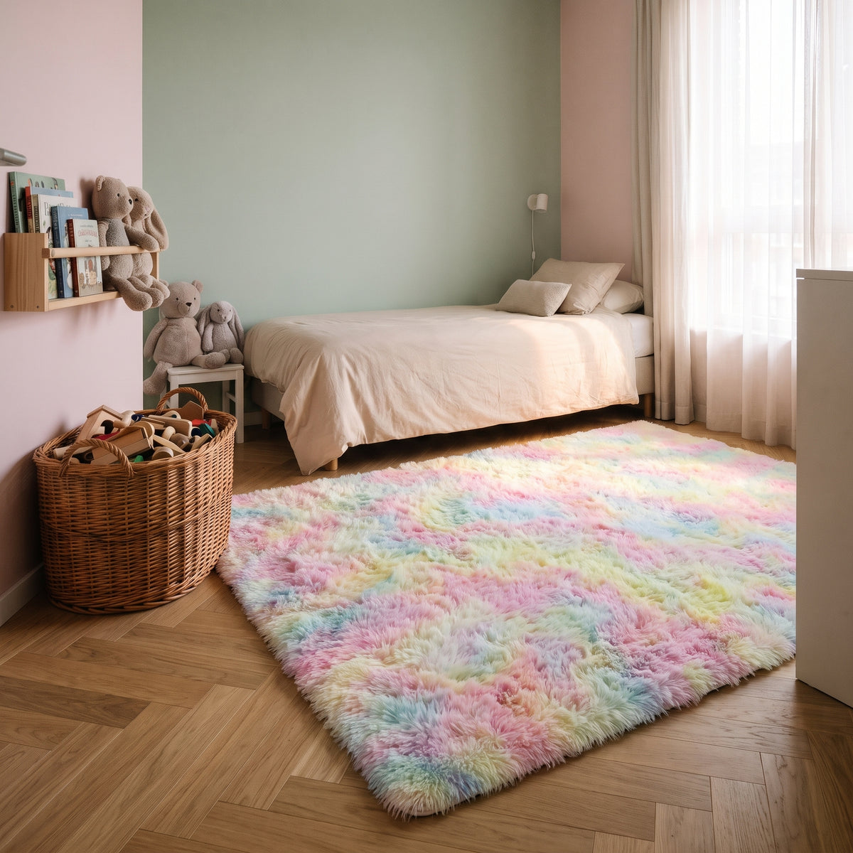Tapis shaggy pastel arc-en-ciel posé au pied du lit dans une chambre d'enfant