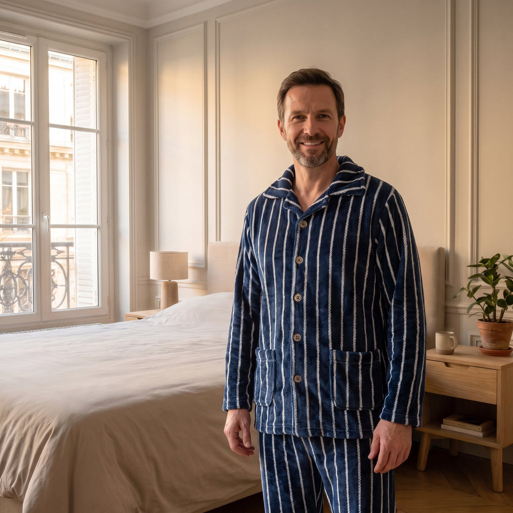 Homme debout en pyjama de flanelle bleu marine à rayures blanches, dans une chambre
