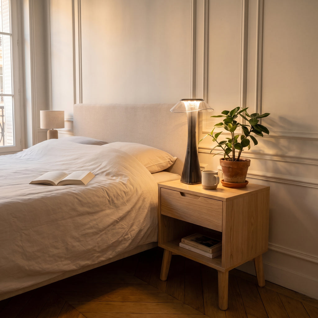 Lampe de chevet LED sans fil gris fumé allumée sur une table de chevet