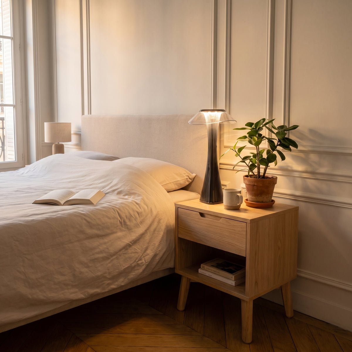 Lampe de chevet LED sans fil gris fumé allumée sur une table de chevet