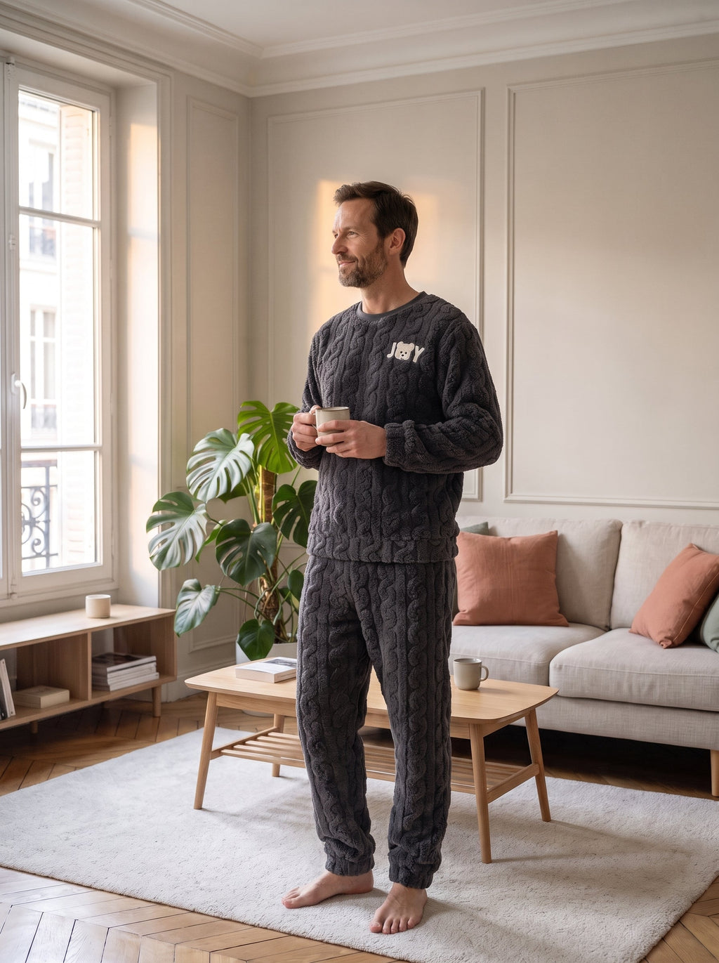 Homme debout pres de la fenetre en pyjama polaire anthracite a torsades, ecusson JOY a l ourson sur la poitrine.