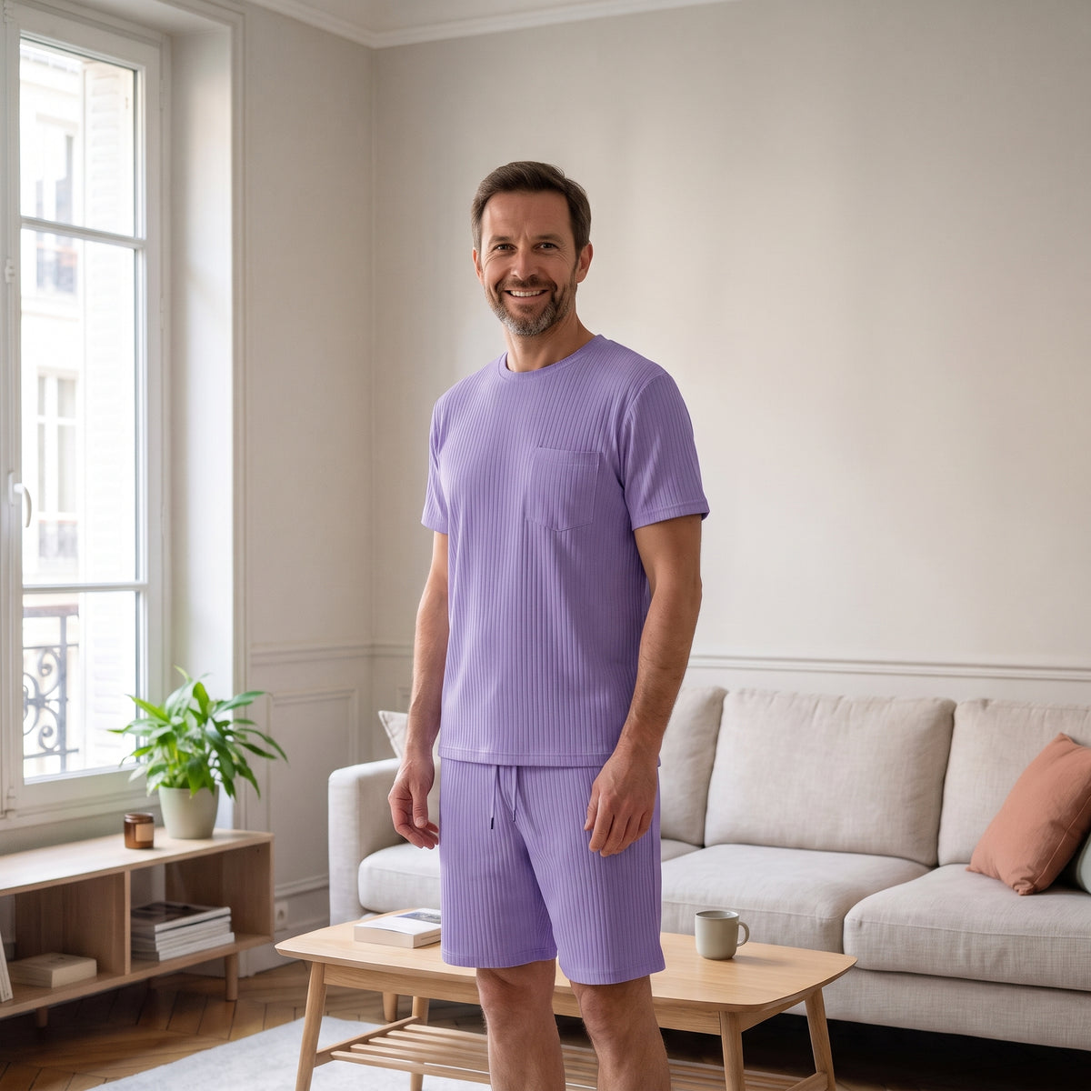 Ensemble t-shirt et short lilas en tissu plissé porté par un homme dans un salon