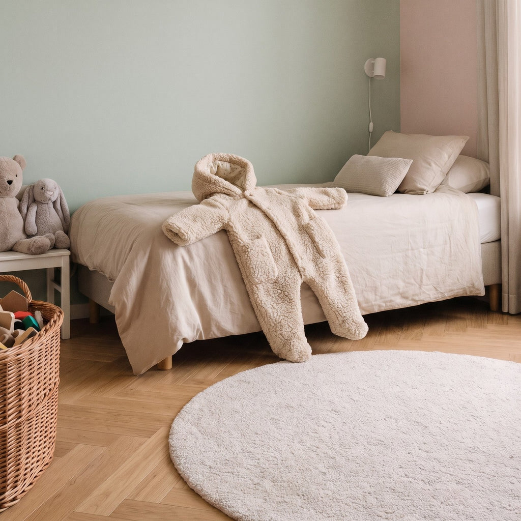 Combinaison bébé en peluche écrue posée sur le lit d'une chambre d'enfant