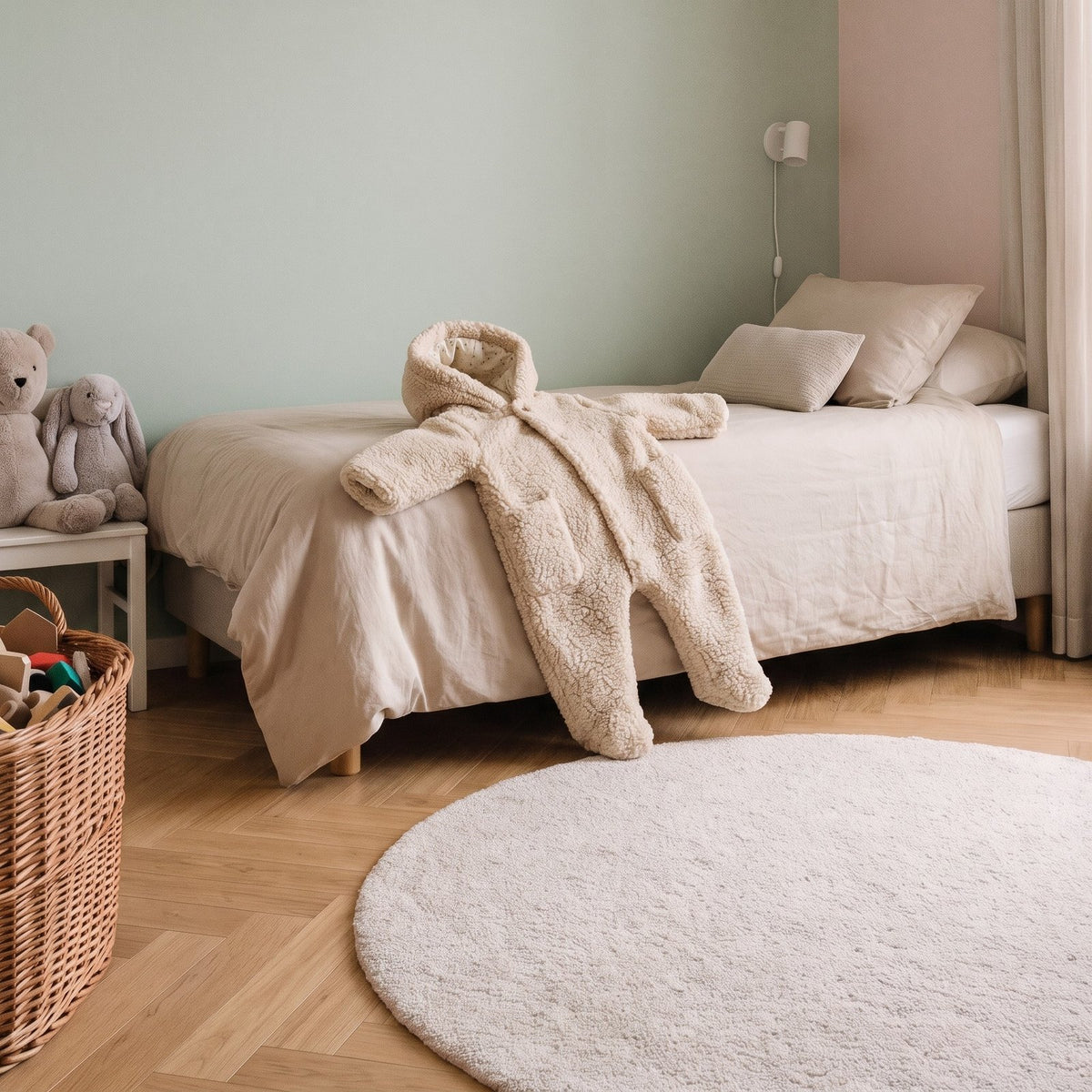 Combinaison bébé en peluche écrue posée sur le lit d'une chambre d'enfant