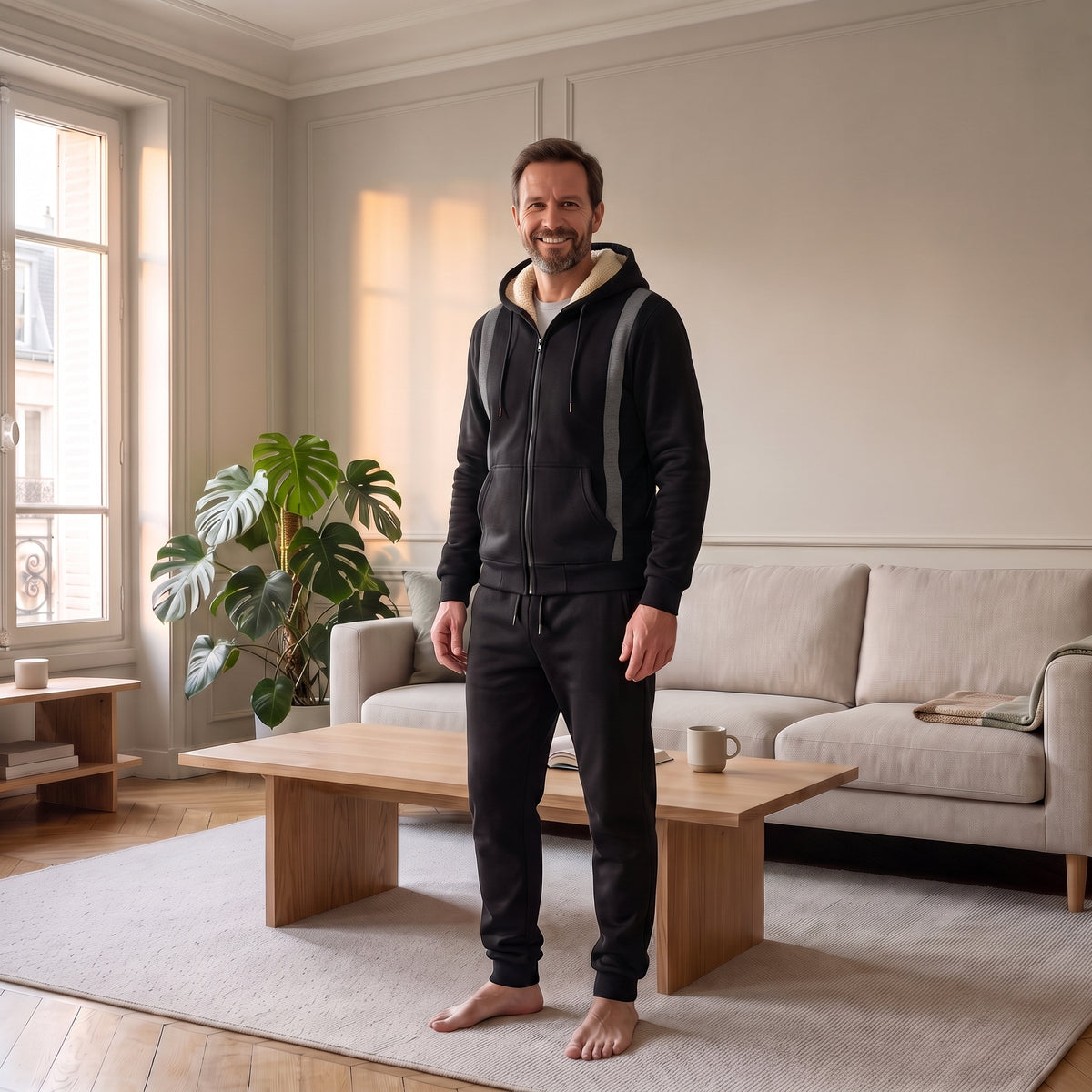 Ensemble jogging homme doublé polaire noir, porté dans un salon