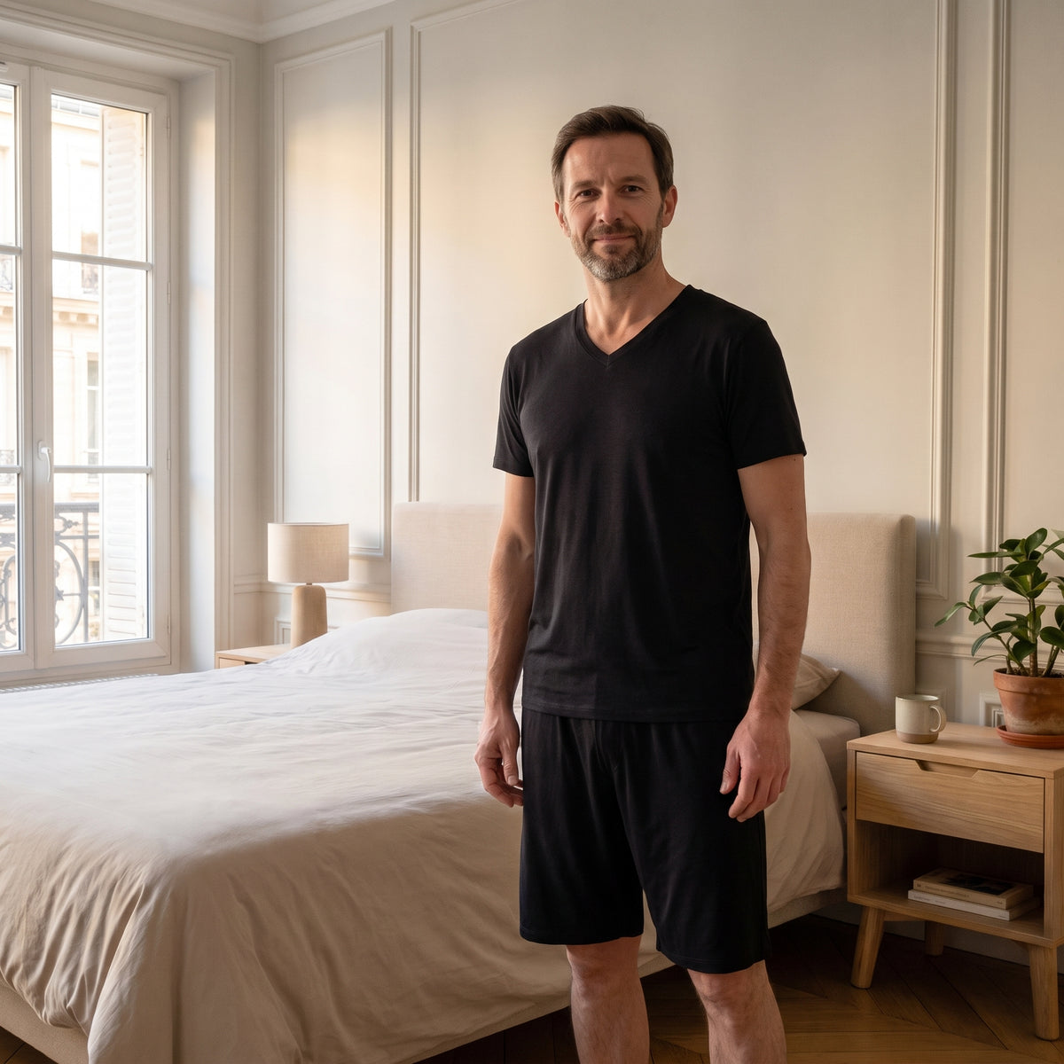 Homme en pyjama d'été en viscose noir, t-shirt col V et short, debout dans la chambre