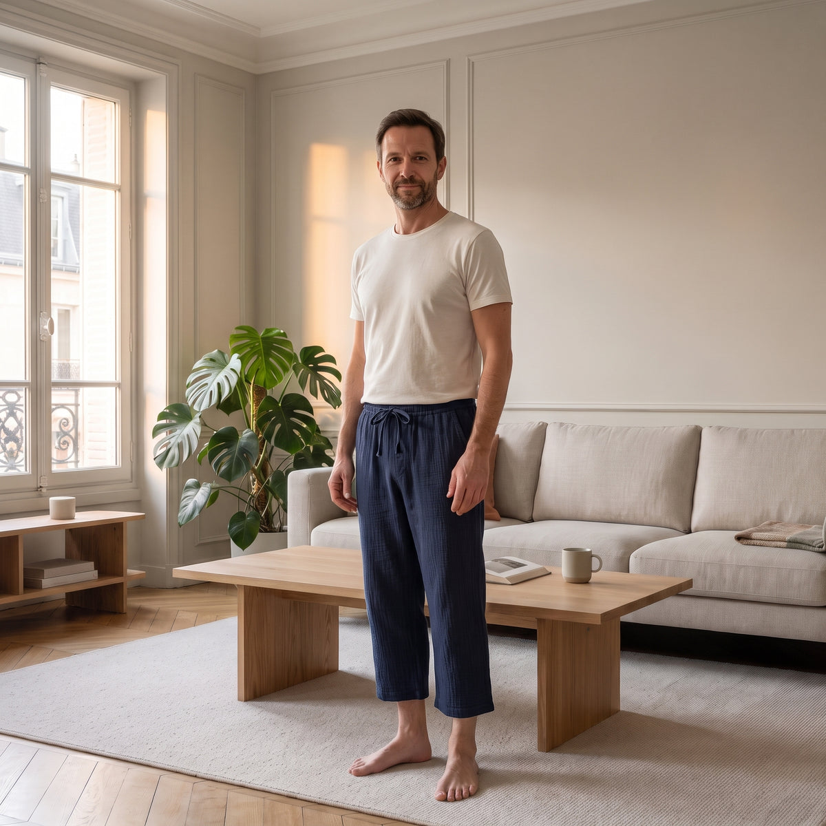 Pantalon d'intérieur en gaze de coton bleu marine porté par un homme dans le salon