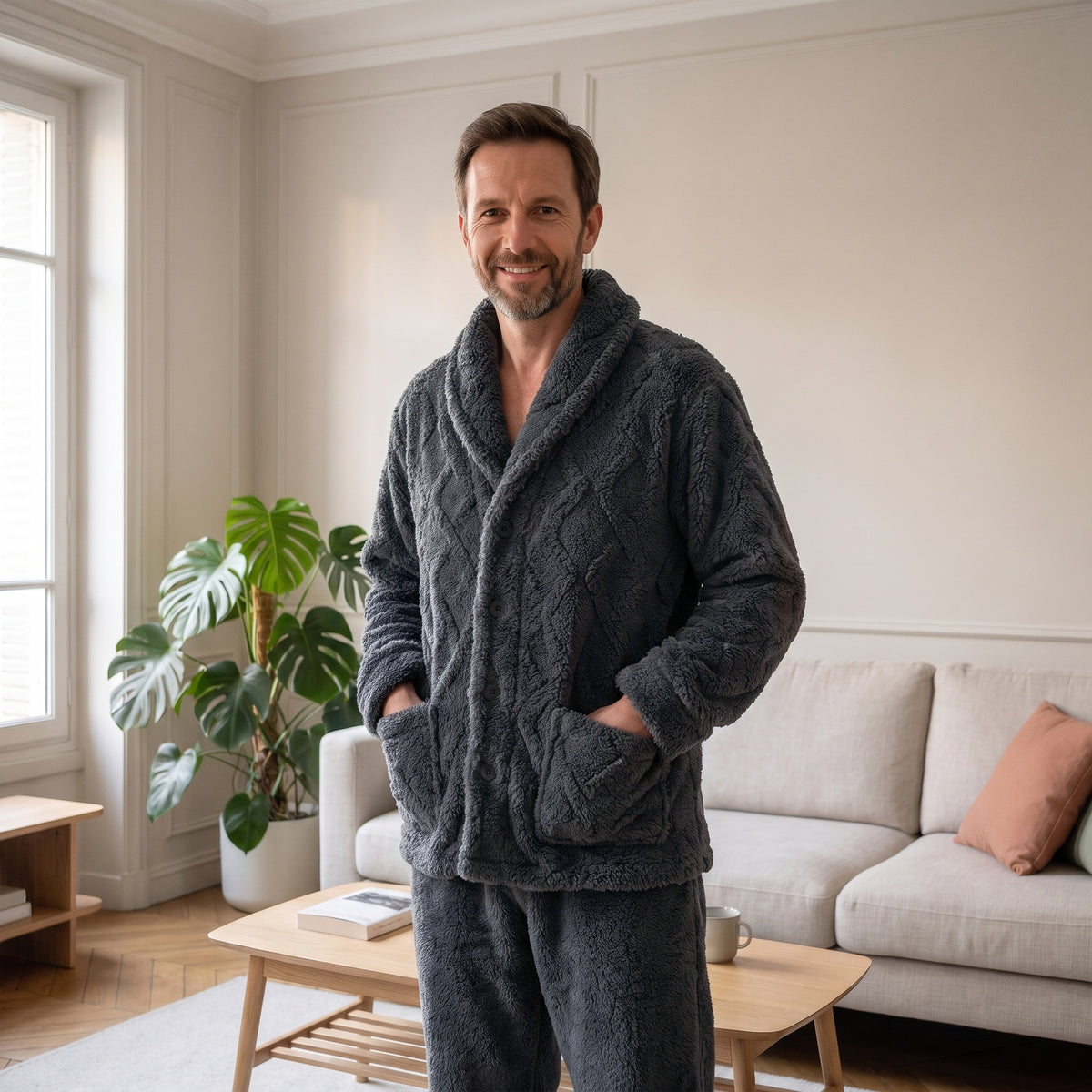 Homme en pyjama en peluche noire à col châle, debout dans un salon