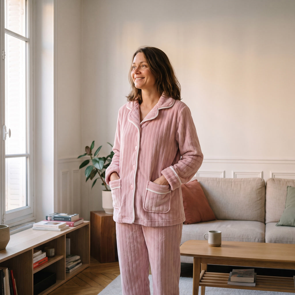 Femme en pyjama en peluche rose, veste boutonnée et pantalon, debout dans un salon