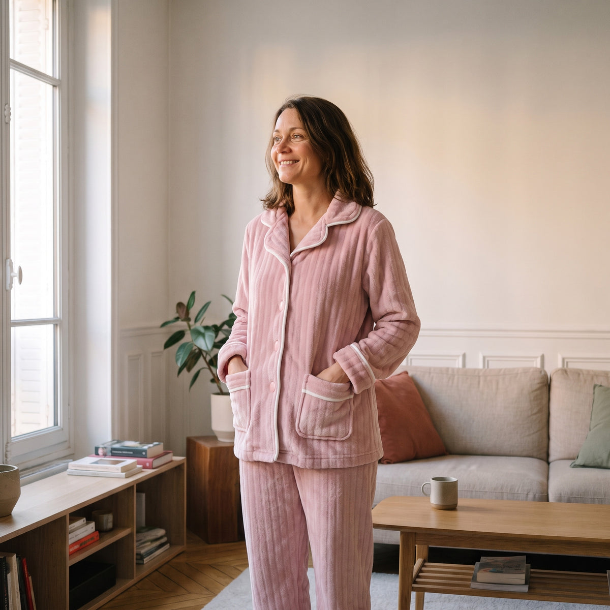 Femme en pyjama en peluche rose, veste boutonnée et pantalon, debout dans un salon