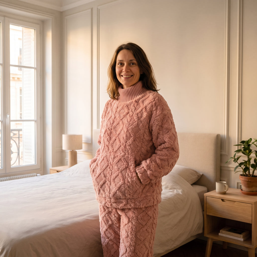 Pyjama polaire rose porté dans une chambre, mains dans la poche
