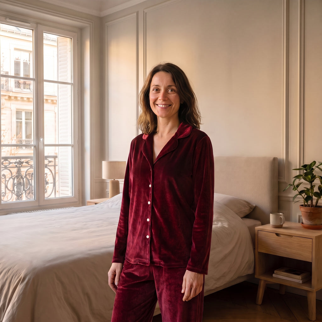 Pyjama en velours rouge bordeaux pour femme, chemise boutonnée et pantalon large, porté dans une chambre