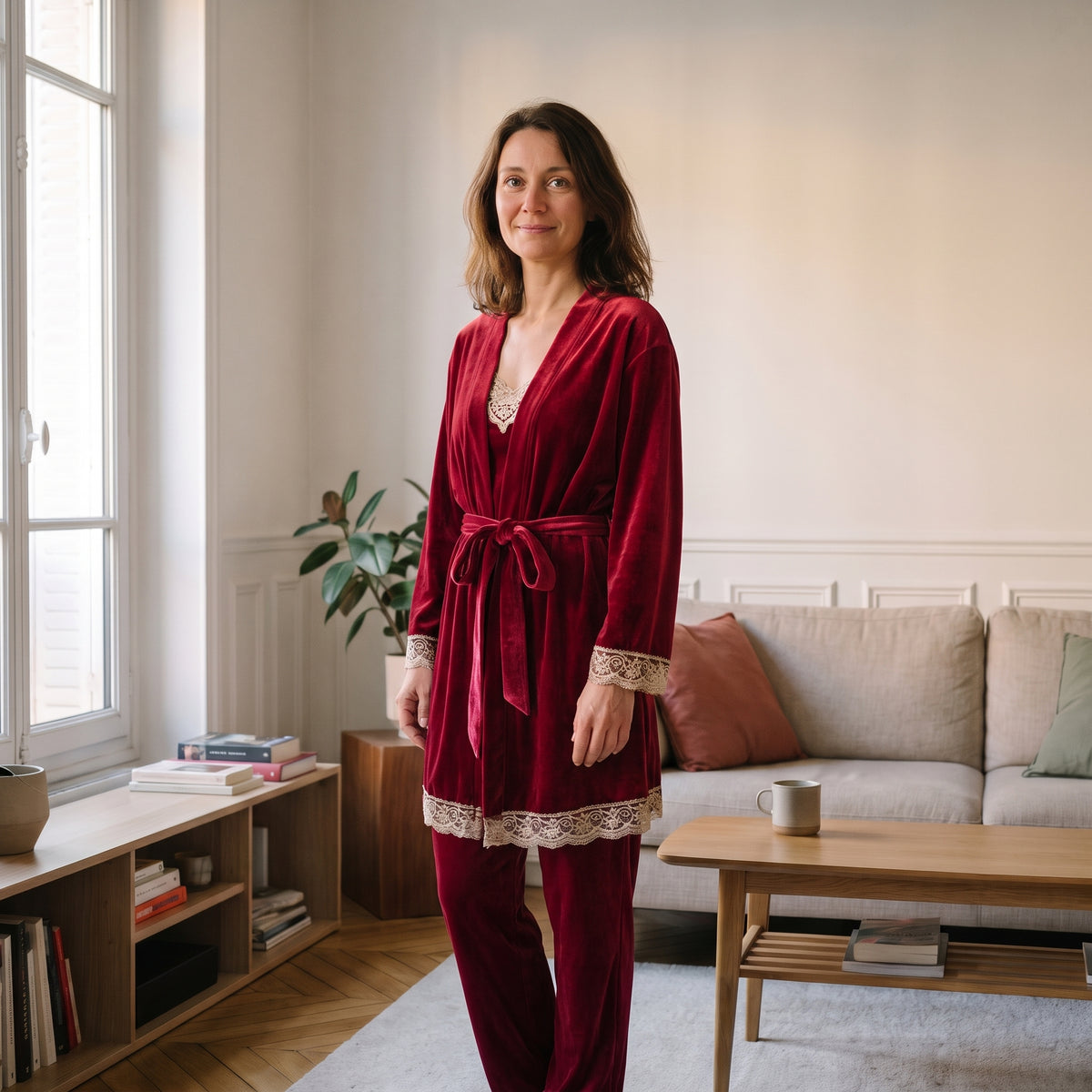 Pyjama en velours femme rouge à dentelle dorée porté dans un salon