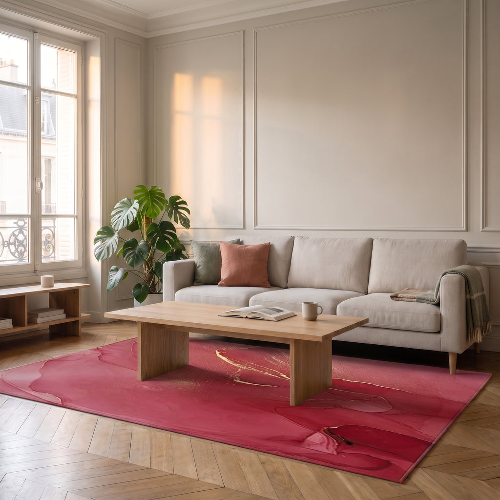 Tapis abstrait rouge dans un salon, sous la table basse