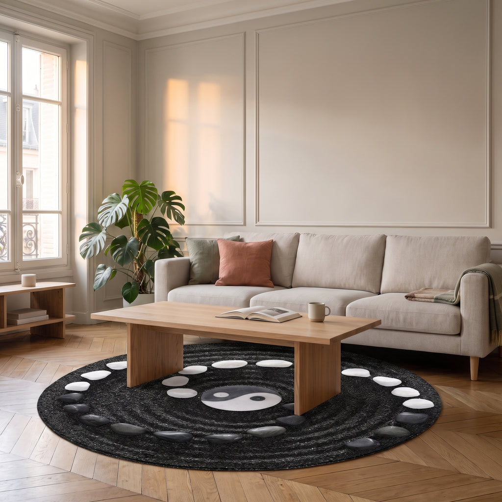Tapis rond zen noir et blanc, motif yin yang et galets, sous la table basse d'un salon