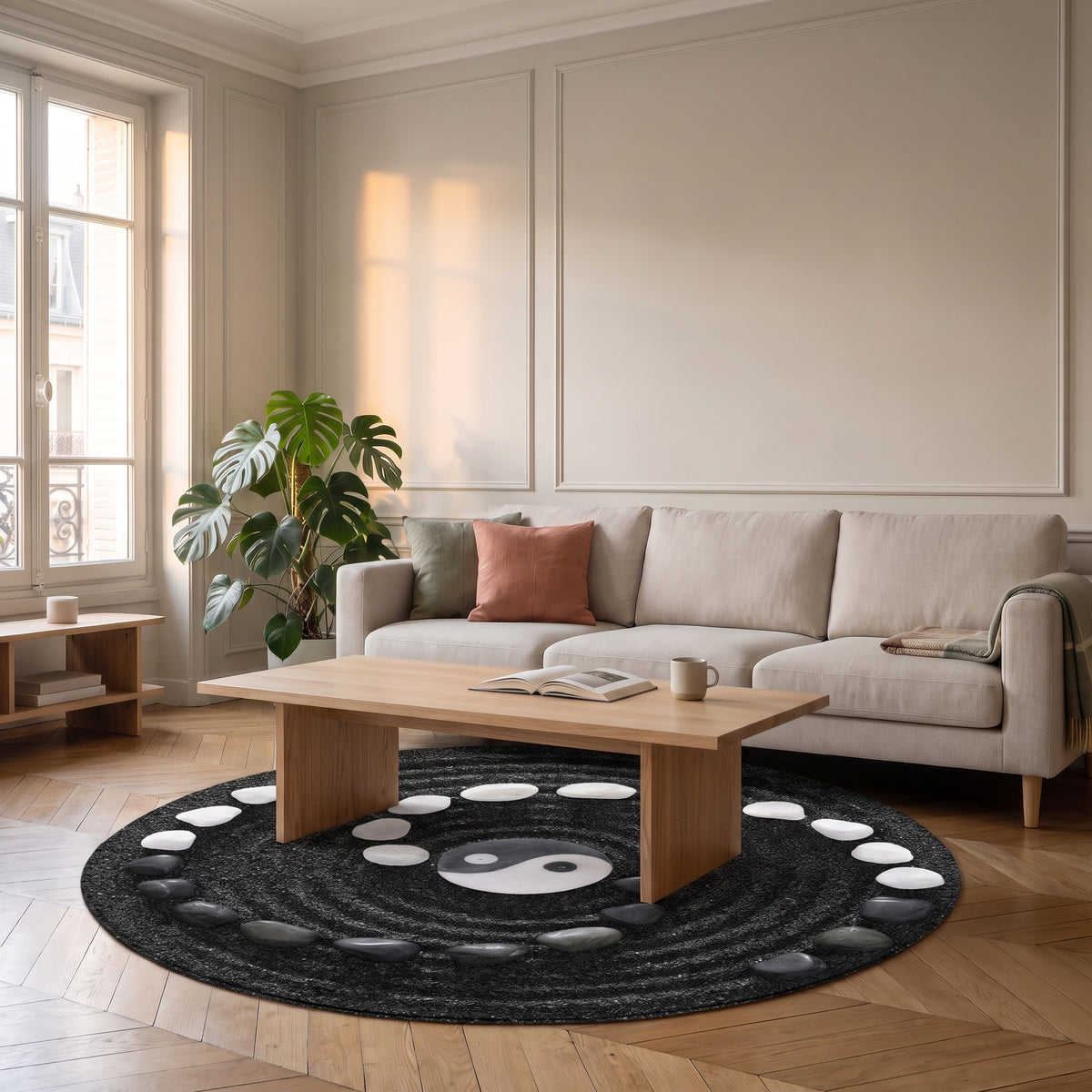 Tapis rond zen noir et blanc, motif yin yang et galets, sous la table basse d'un salon