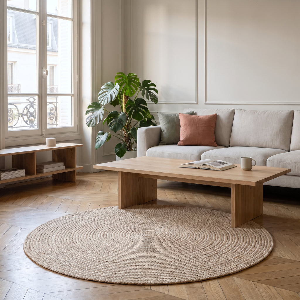 Tapis rond en sisal beige clair posé sur le parquet d'un salon, devant une table basse