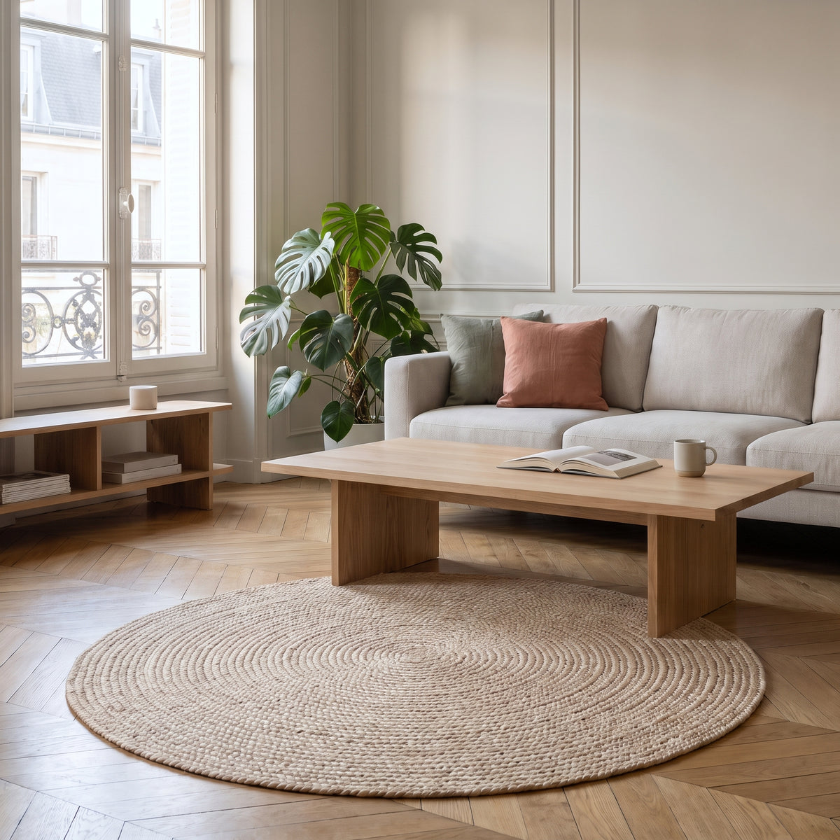 Tapis rond en sisal beige clair posé sur le parquet d'un salon, devant une table basse