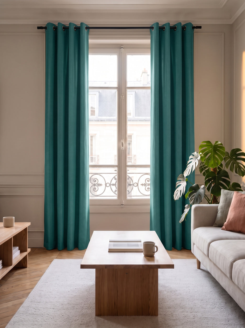 Rideau occultant en chanvre turquoise devant la fenêtre d'un salon, pans écartés