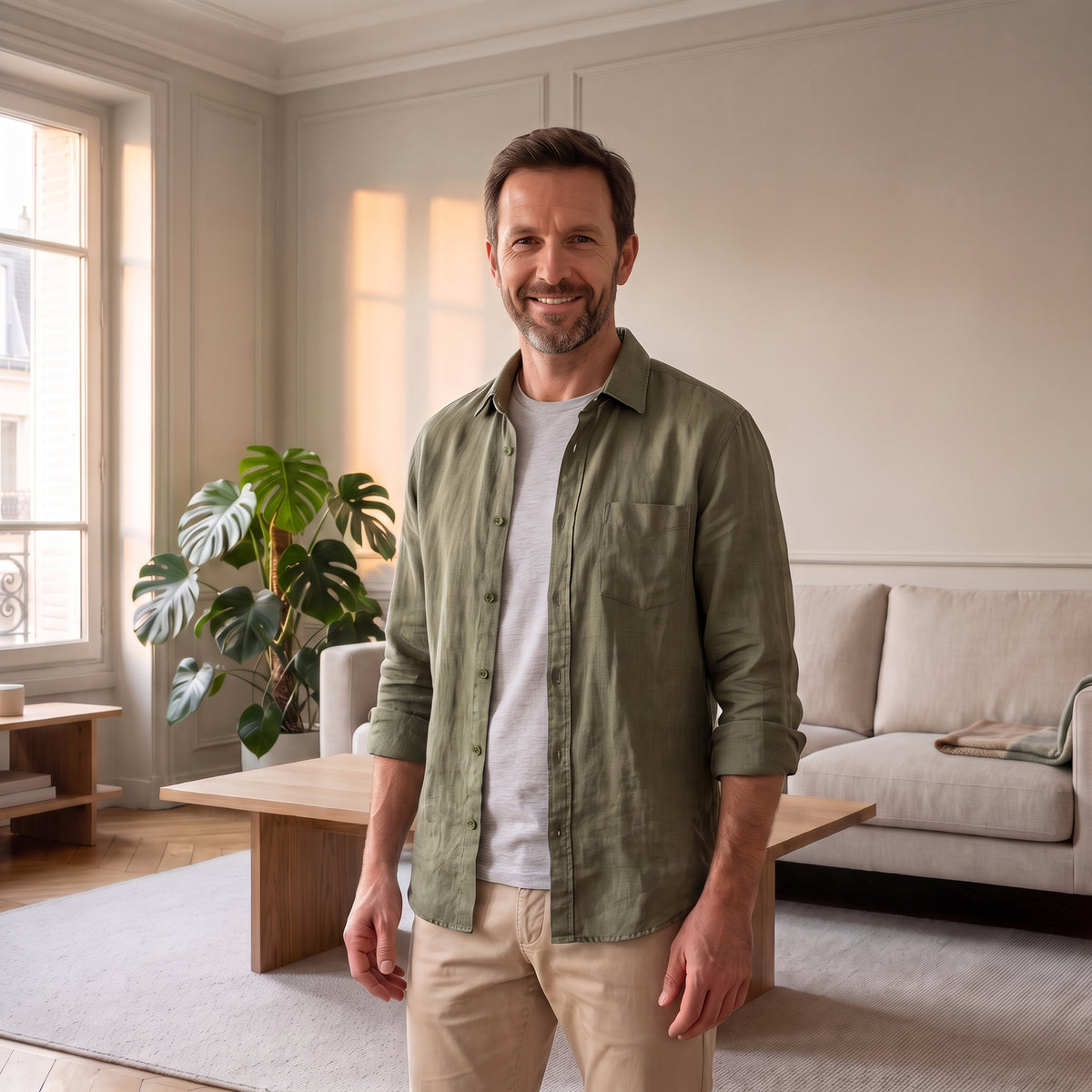 Chemise homme en coton et lin vert kaki portée ouverte sur un tee-shirt dans un salon