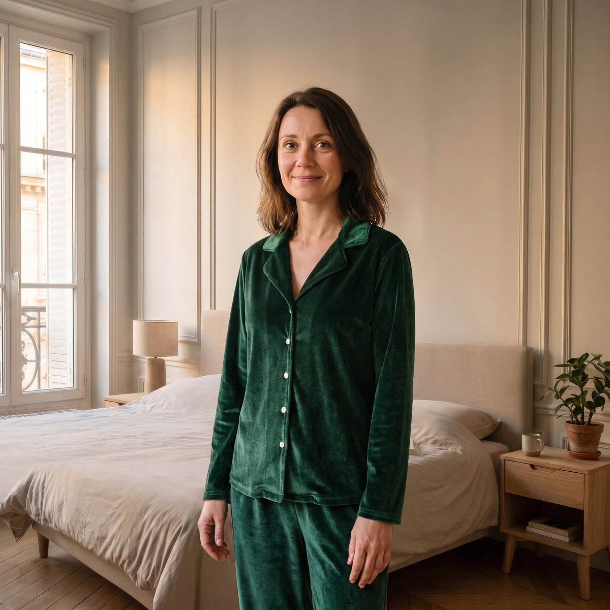 Pyjama en velours vert sapin pour femme, chemise boutonnée et pantalon large, porté dans une chambre