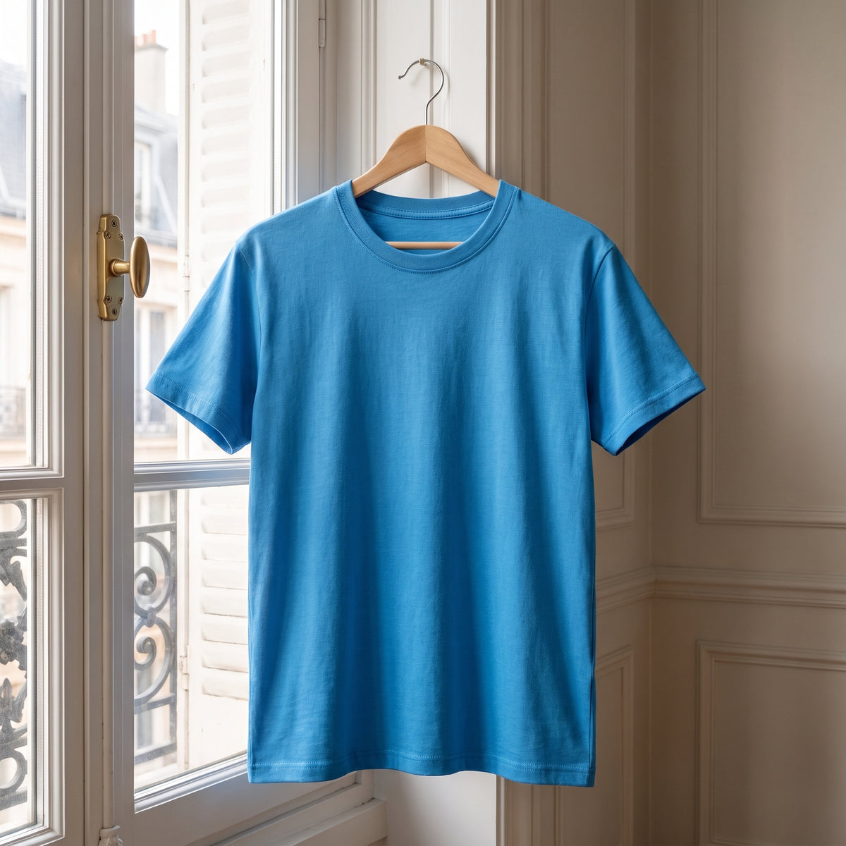 T-shirt cocooning bleu foncé suspendu à un cintre devant la fenêtre