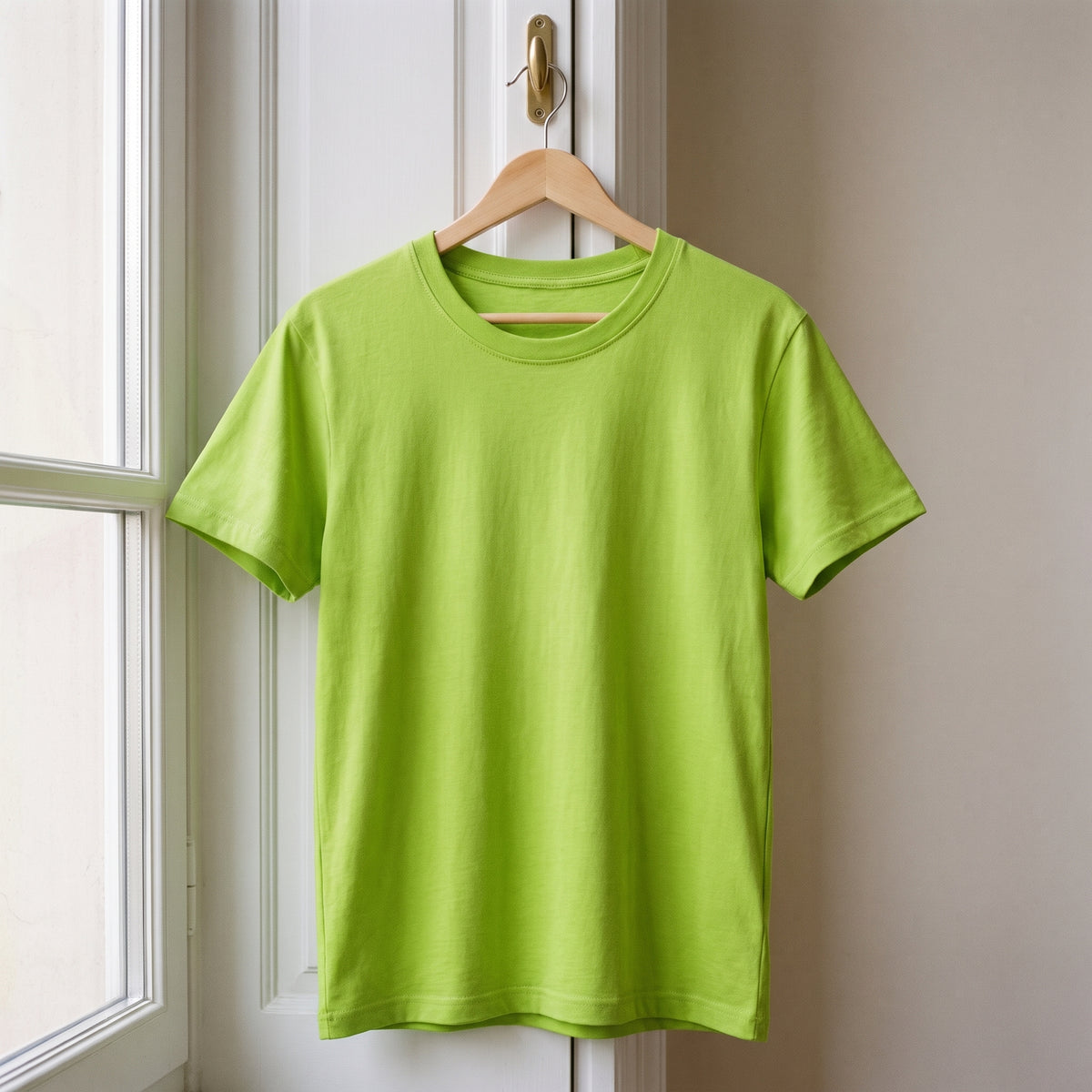 T-shirt cocooning vert clair suspendu à un cintre devant la fenêtre