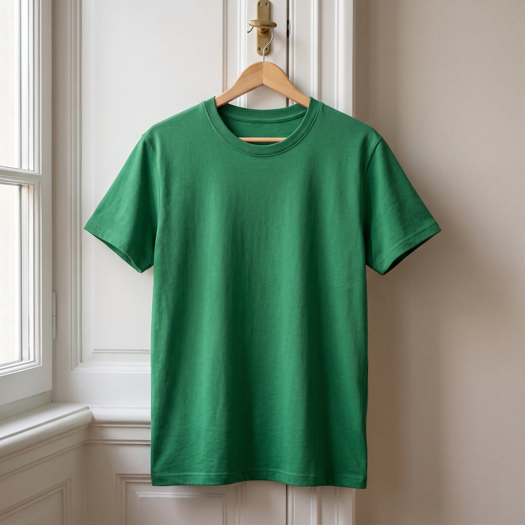 T-shirt cocooning vert foncé suspendu à un cintre devant la fenêtre