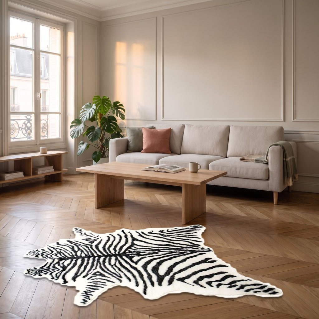 Tapis peau de zèbre posé devant le canapé d'un salon clair