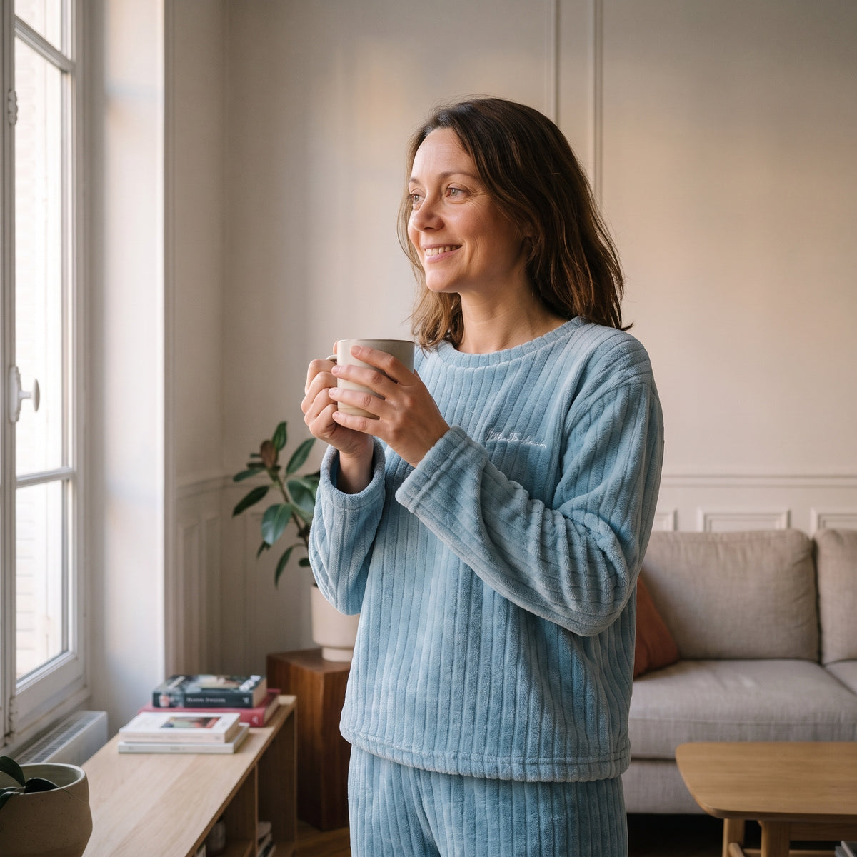 Pyjama femme en velours côtelé bleu ciel porté debout près de la fenêtre du salon