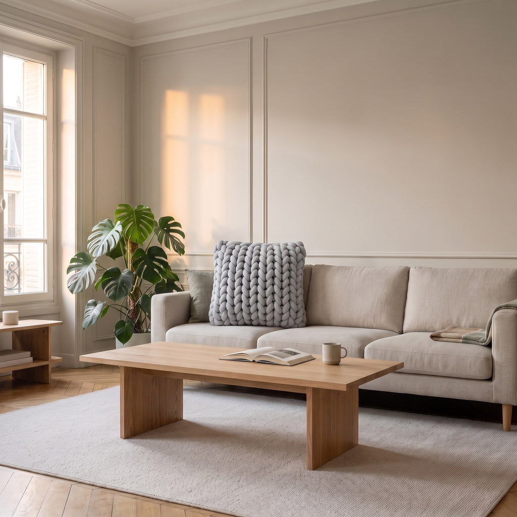 Coussin grosses mailles gris posé sur le canapé d'un salon clair