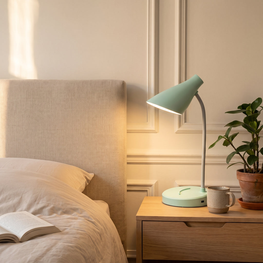 La lampe verte allumée sur une table de chevet en bois clair, à côté d'une tasse en grès, son rond de lumière chaude posé sur le mur de la chambre.
