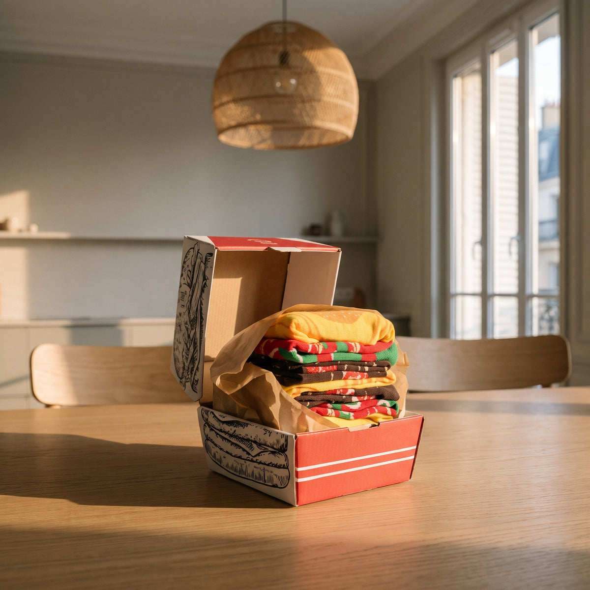 Le coffret ouvert sur une table en chêne clair : les chaussettes pliées les unes sur les autres dans leur papier kraft composent un hamburger, le couvercle rouge au dessin de burger est rabattu derrière