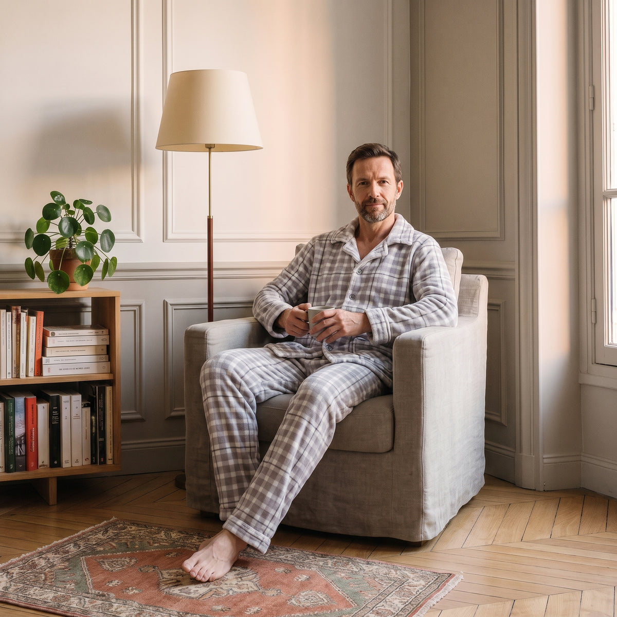 Homme en pyjama polaire à carreaux assis dans un fauteuil de lecture, une tasse à la main